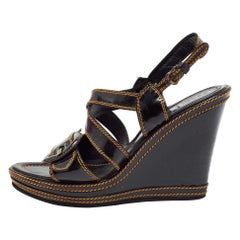 Fendi Black/Gold Patent Wedge Ankle Strap Sandals Size 40
