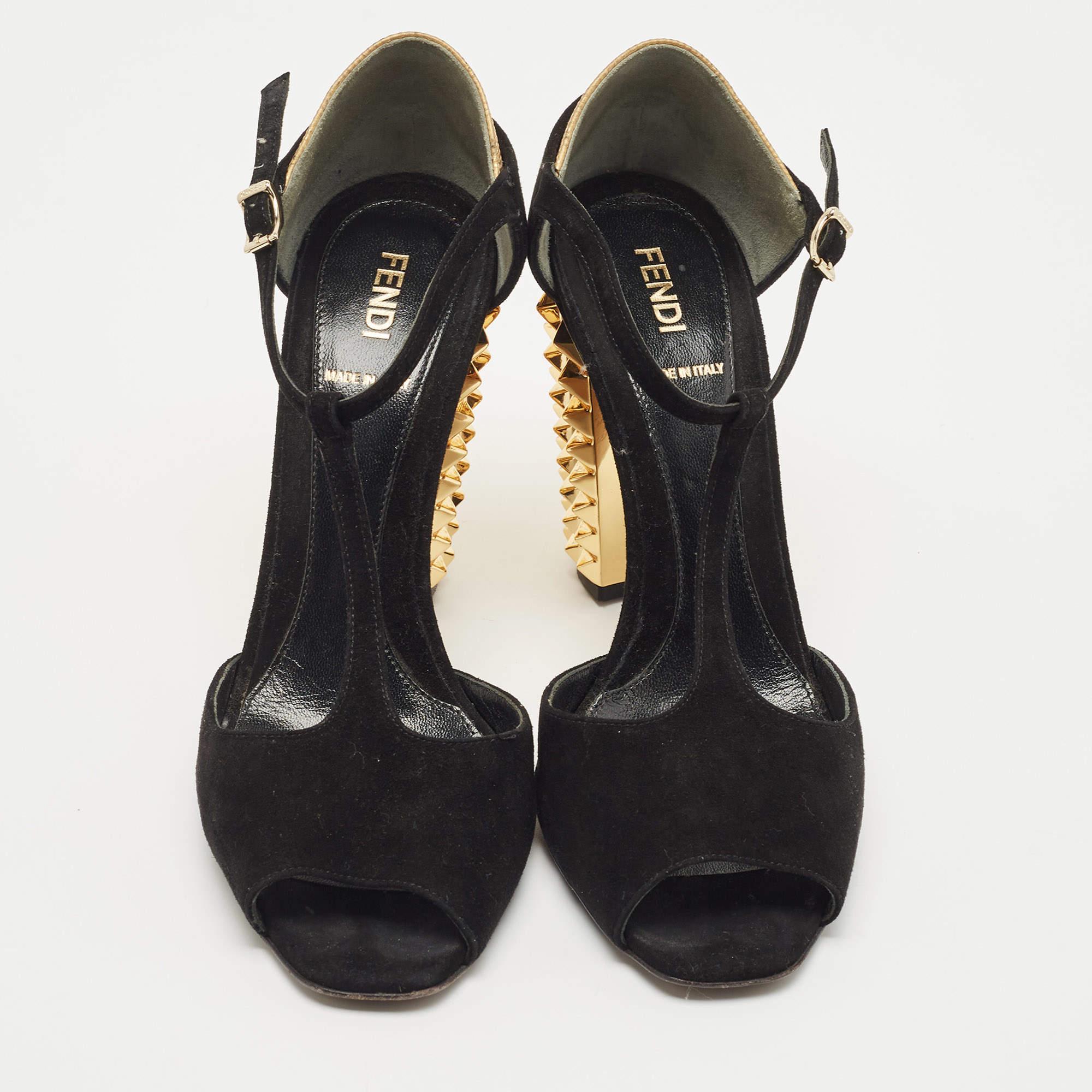 Fendi Black/Gold Suede And Embossed Leather Studded Heel T-Strap Sandals Size 38 In Excellent Condition In Dubai, Al Qouz 2