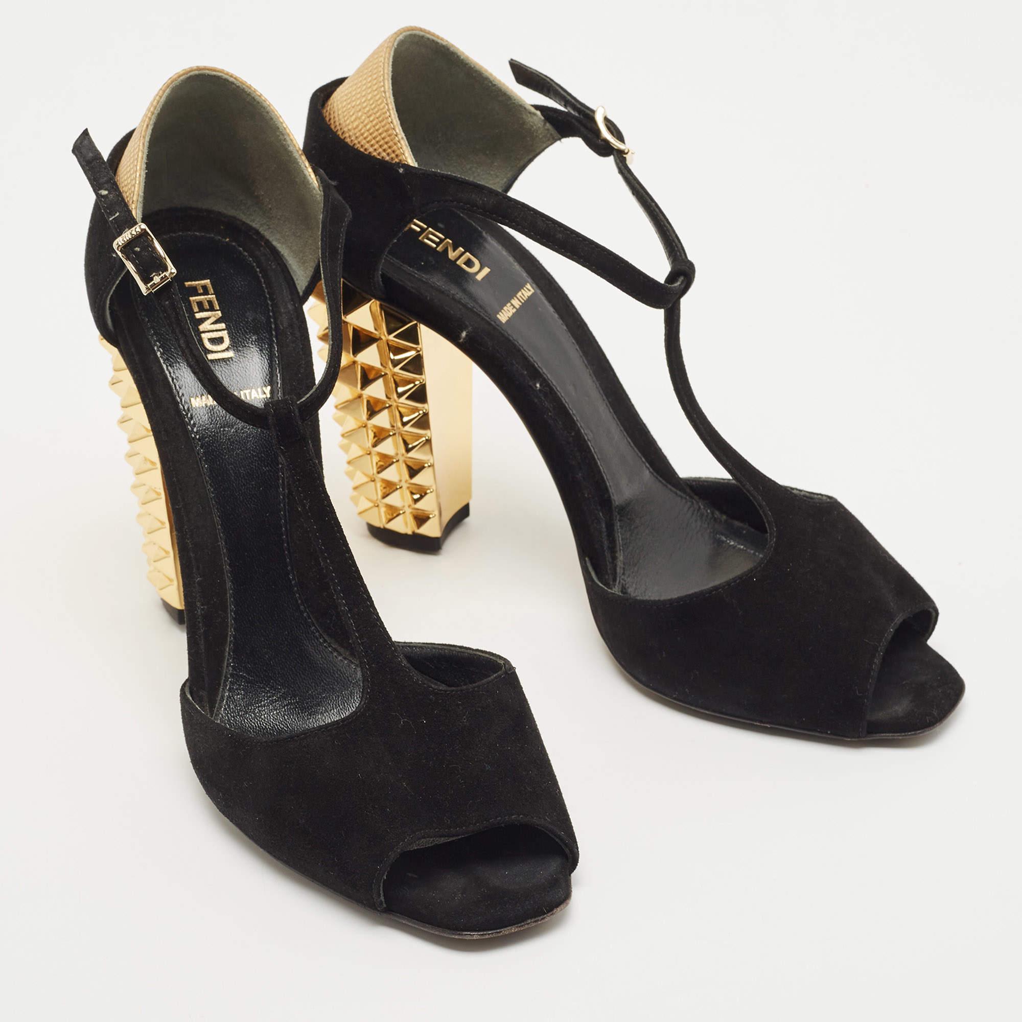Women's Fendi Black/Gold Suede And Embossed Leather Studded Heel T-Strap Sandals Size 38