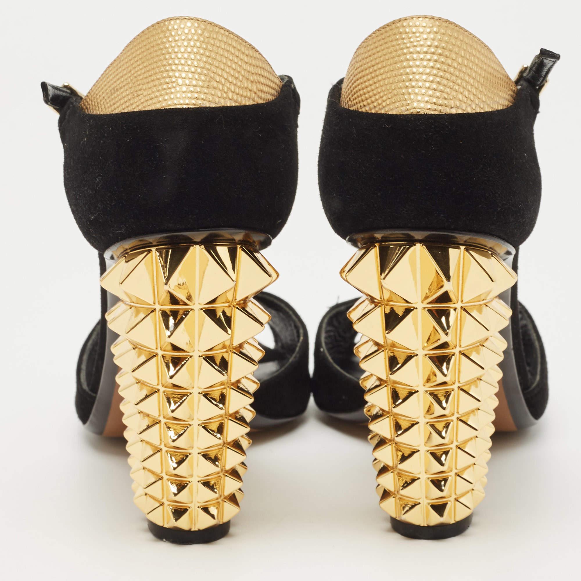 Fendi Black/Gold Suede And Embossed Leather Studded Heel T-Strap Sandals Size 38 1