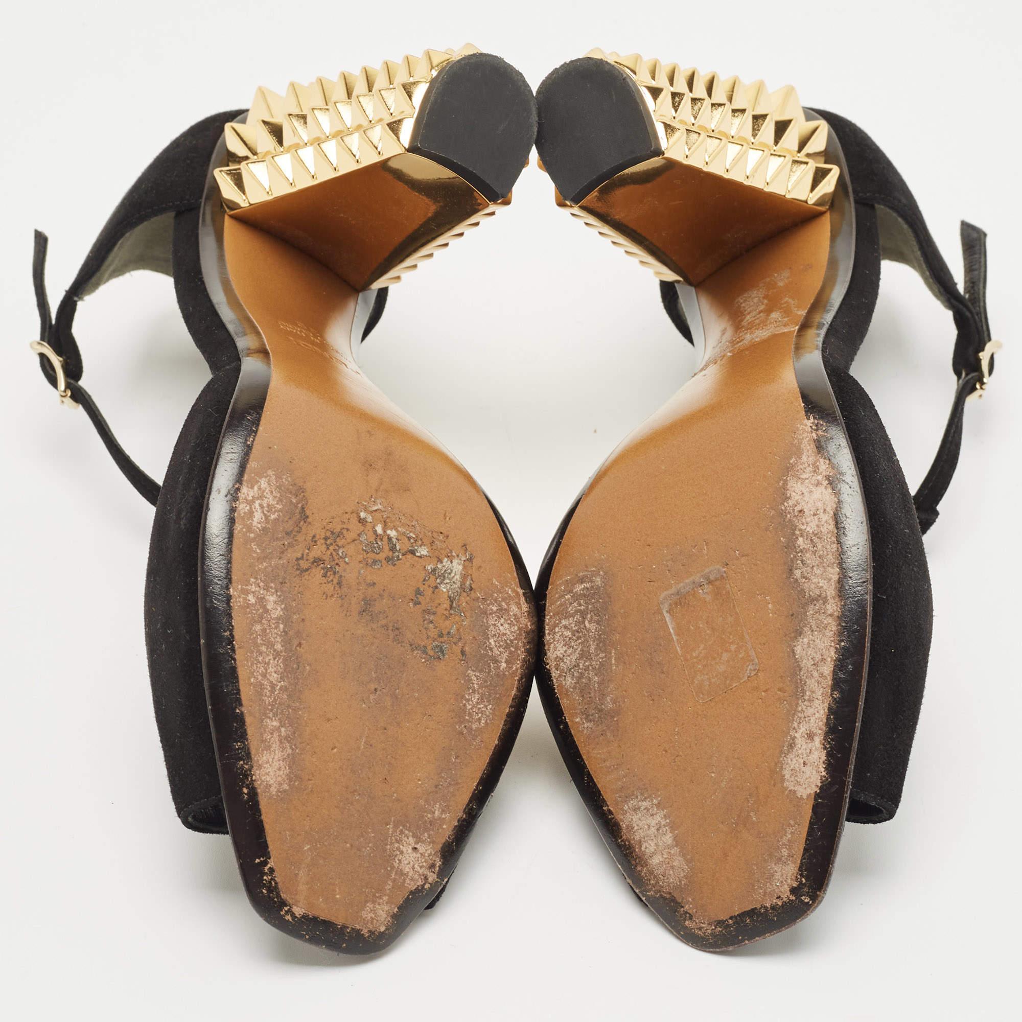 Fendi Black/Gold Suede And Embossed Leather Studded Heel T-Strap Sandals Size 38 2