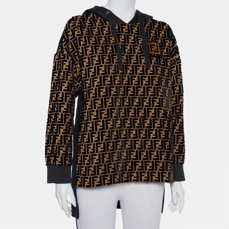 Fendi Black and Gold Velour Logo Monogram Detail Hooded Sweatshirt S For  Sale at 1stDibs