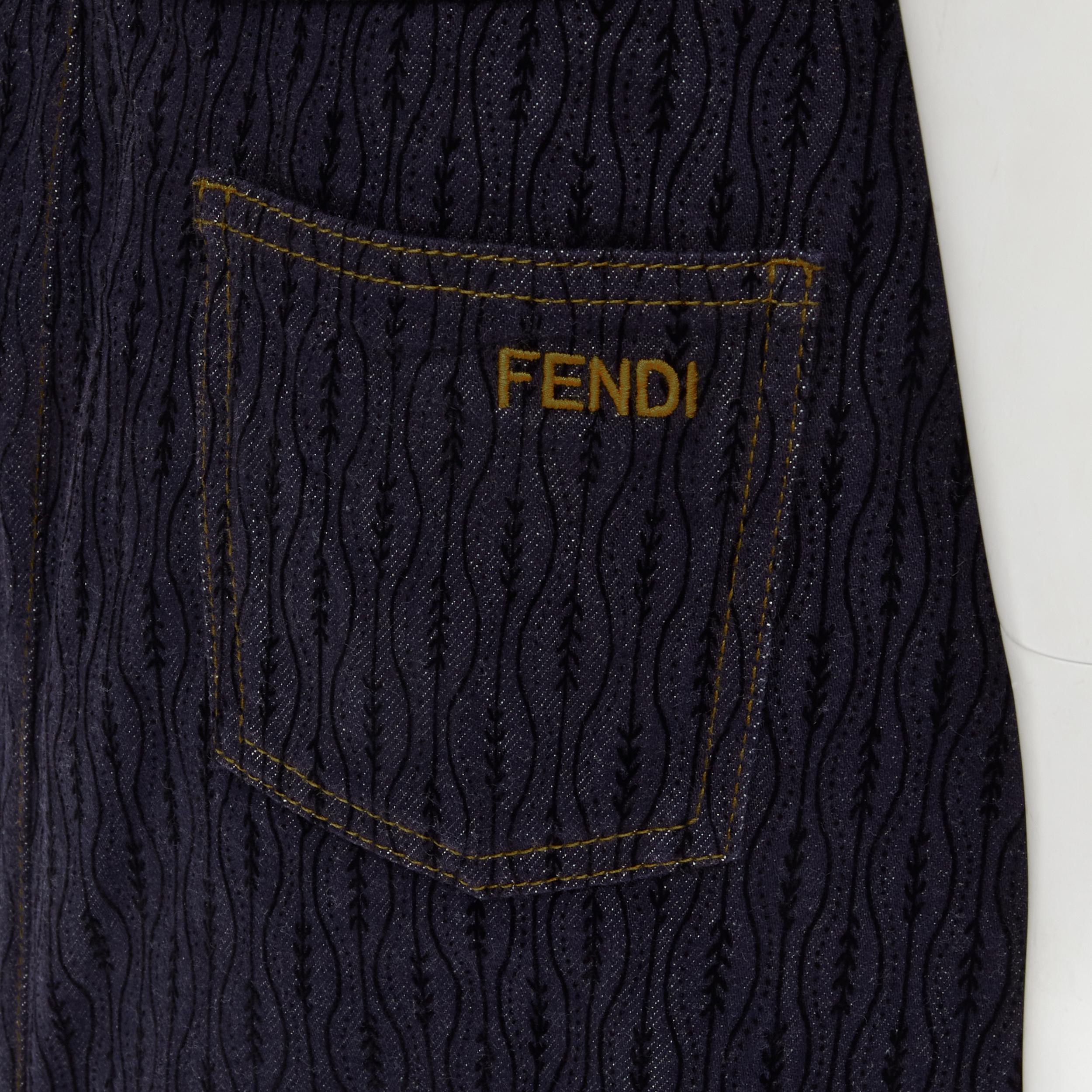 FENDI black graphic flocked velvet indigo denim midi skirt IT42 M
Brand: Fendi
Material: Cotton
Color: Blue
Pattern: Graphic
Closure: Zip
Extra Detail: Graphic velvet flocking on denim-cotton. Side zip closure. Fendi logo embroidery at back patch