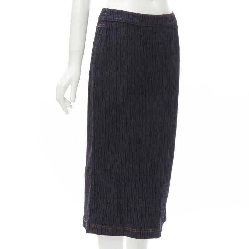 Black FENDI black graphic flocked velvet indigo denim midi skirt IT42 M For Sale