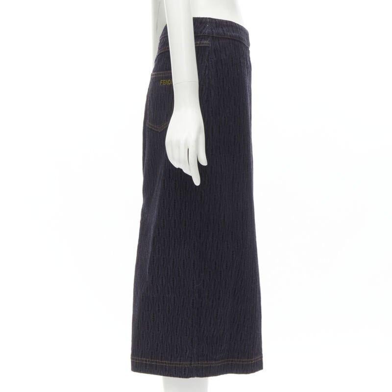 FENDI black graphic flocked velvet indigo denim midi skirt IT42 M In Excellent Condition For Sale In Hong Kong, NT