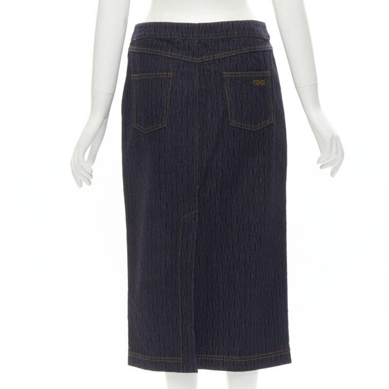 Women's FENDI black graphic flocked velvet indigo denim midi skirt IT42 M For Sale