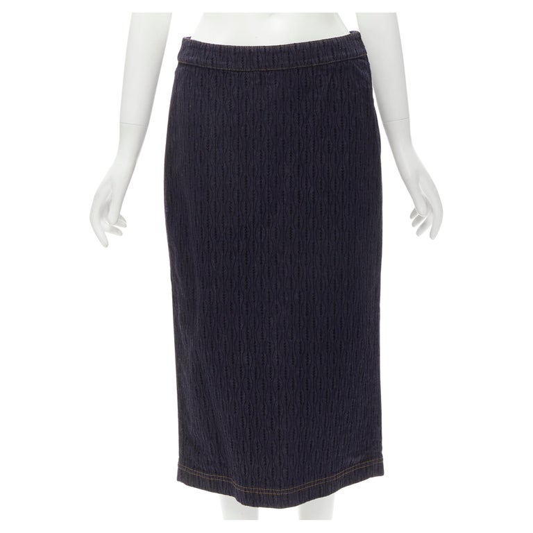 FENDI black graphic flocked velvet indigo denim midi skirt IT42 M  