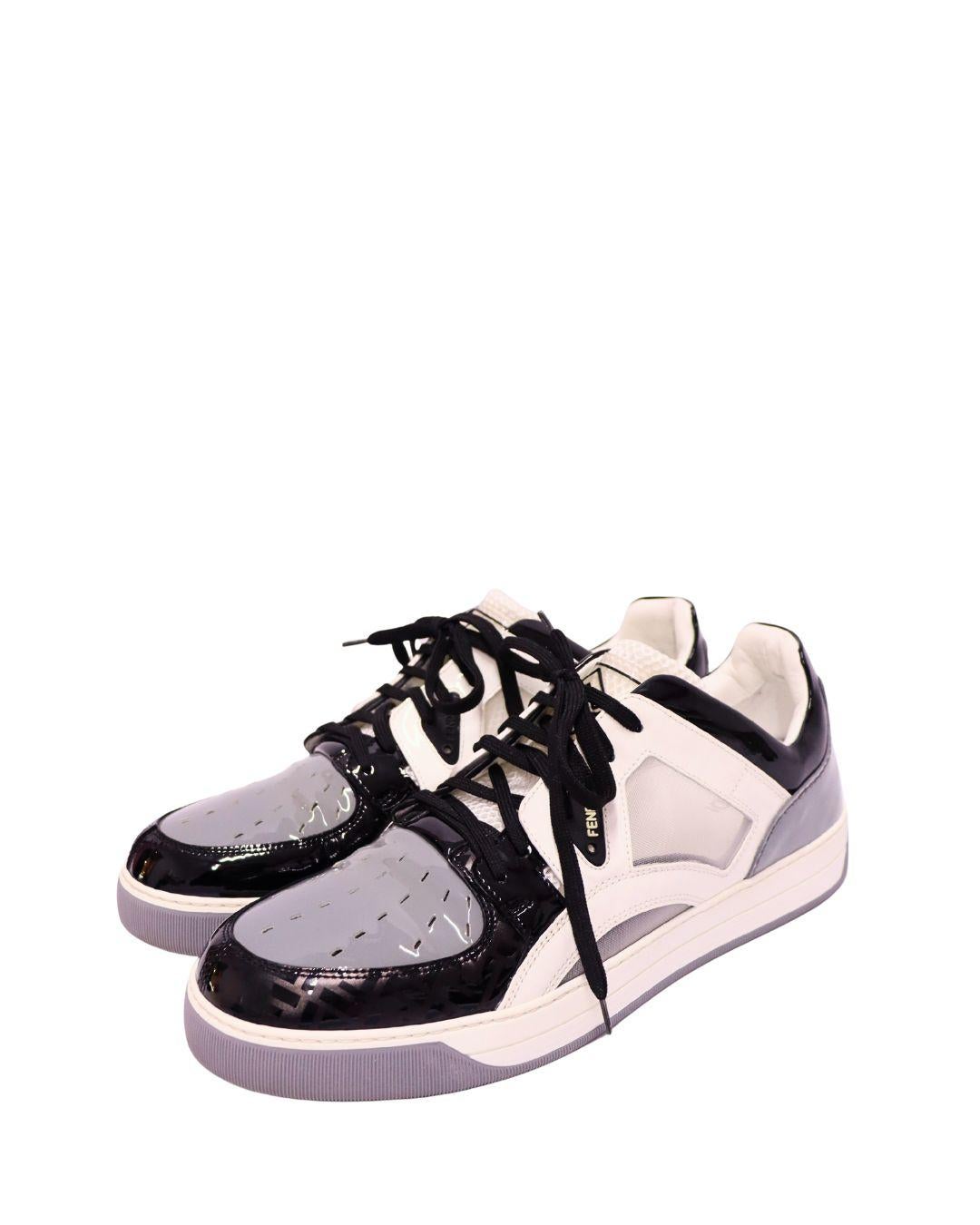 Fendi Schwarz, Grau & Weiß Lackleder Sneakers - EU 42 im Angebot 1