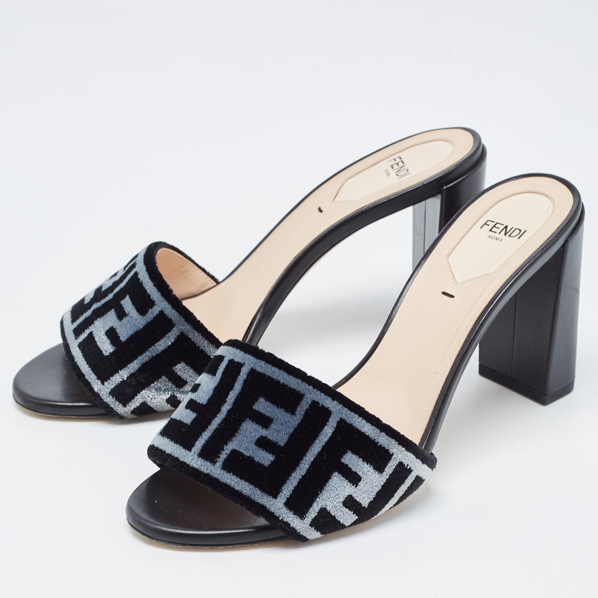 Fendi Black/Grey Zucca Velvet Slide Sandals Size 37.5 1