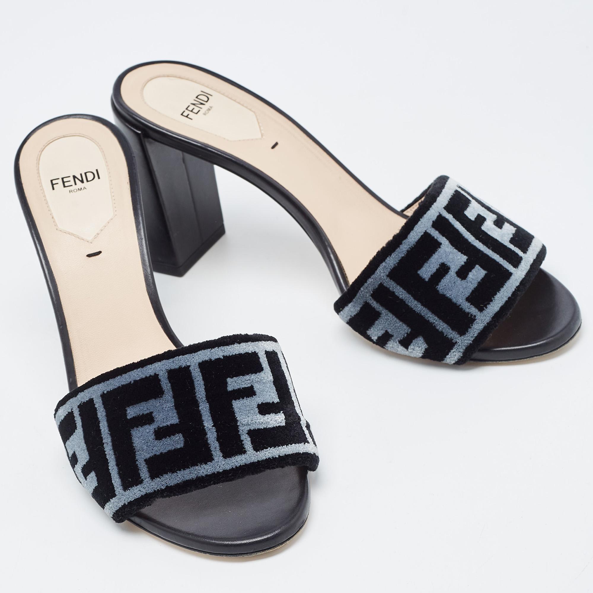 Fendi Black/Grey Zucca Velvet Slide Sandals Size 37.5 2