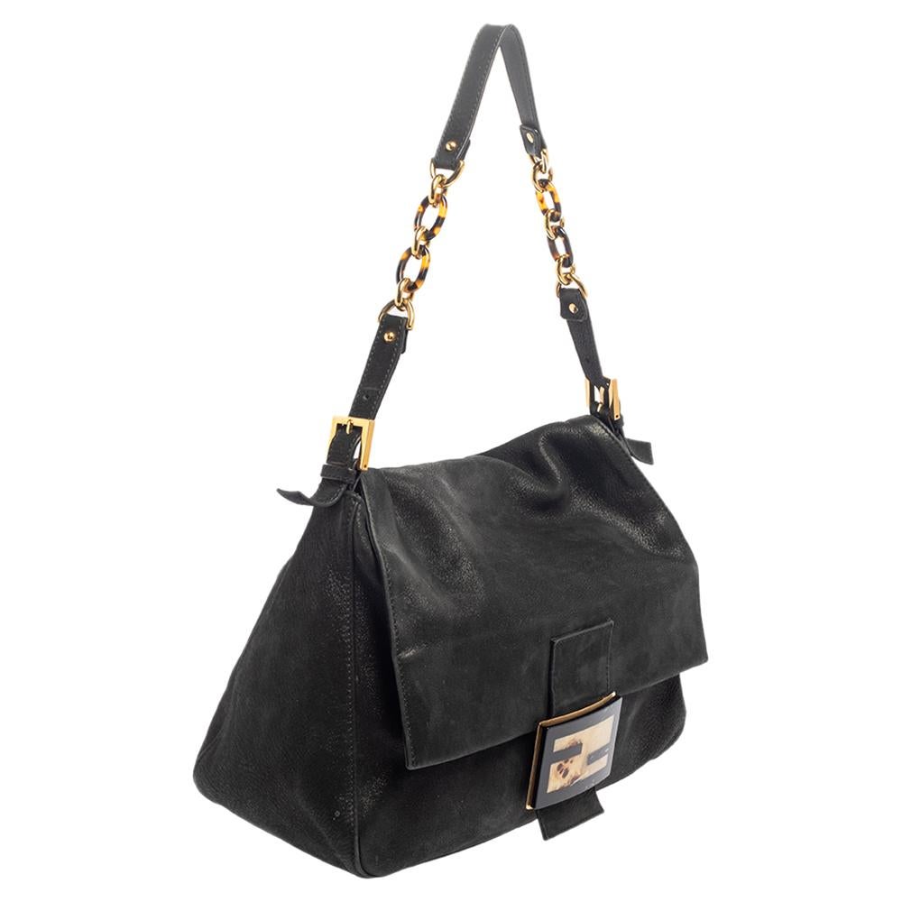 Fendi Black Iridescent Leather Mama Forever Large Flap Shoulder Bag In Good Condition In Dubai, Al Qouz 2