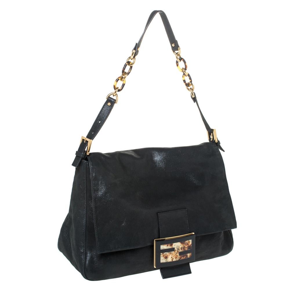 Fendi Schwarz schillernde Leder Mama Forever große Klappe Umhängetasche Damen