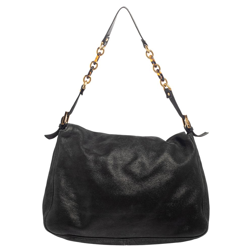 Women's Fendi Black Iridescent Leather Mama Forever Large Flap Shoulder Bag