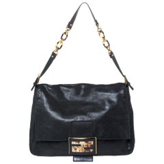 Fendi Black Iridescent Leather Mama Forever Large Flap Shoulder Bag
