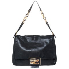 Fendi Schwarz schillernde Leder Mama Forever große Klappe Umhängetasche