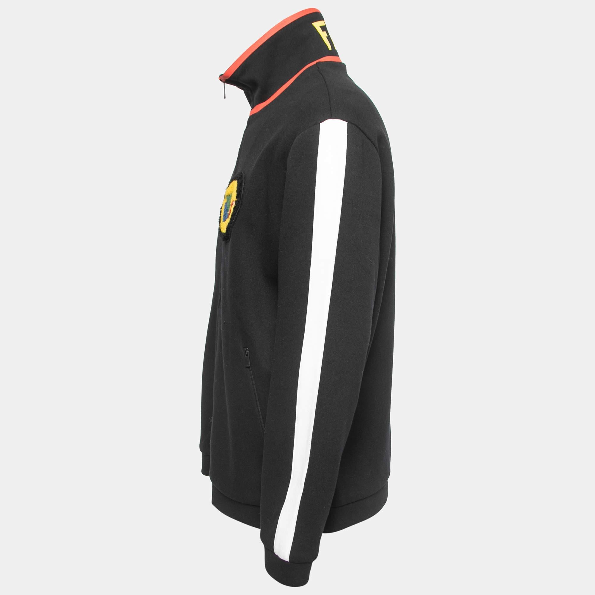 Fendi Black Jersey Knit Logo Fleece Logo Detail Jacket In Excellent Condition For Sale In Dubai, Al Qouz 2