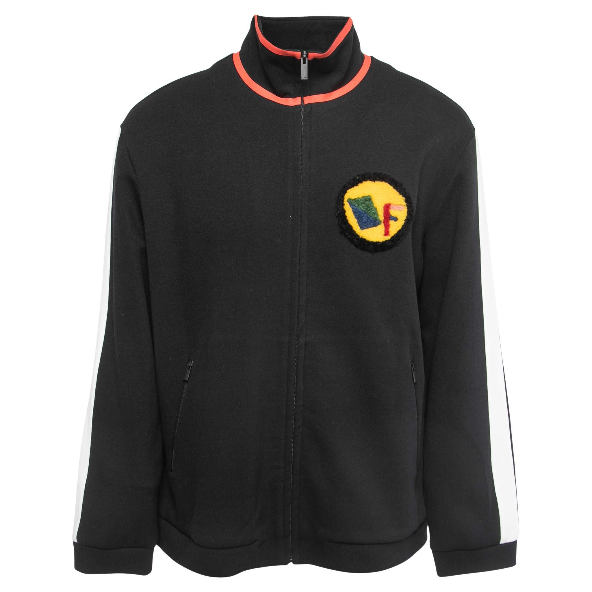 Fendi Black Jersey Knit Logo Fleece Logo Detail Jacket For Sale