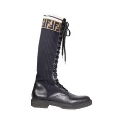 Fendi Black Knee High Logo Trim Knitted Boots Size IT 38