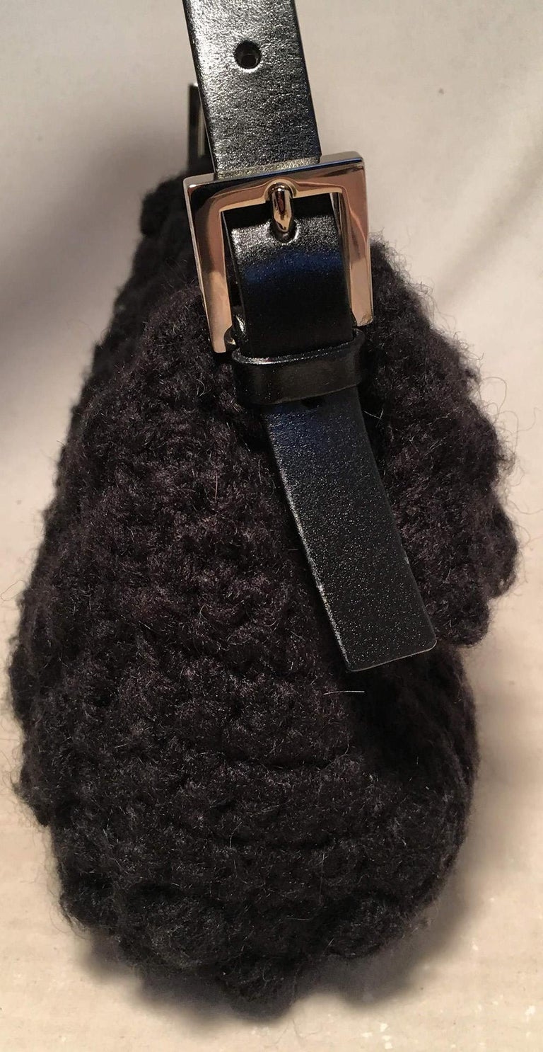 Fendi Black Knit Crochet Wool Classic Baguette Shoulder Bag For Sale at