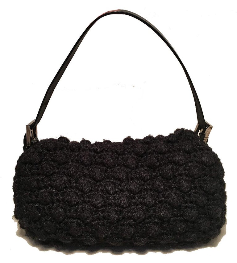 Fendi Black Knit Crochet Wool Classic Baguette Shoulder ...
