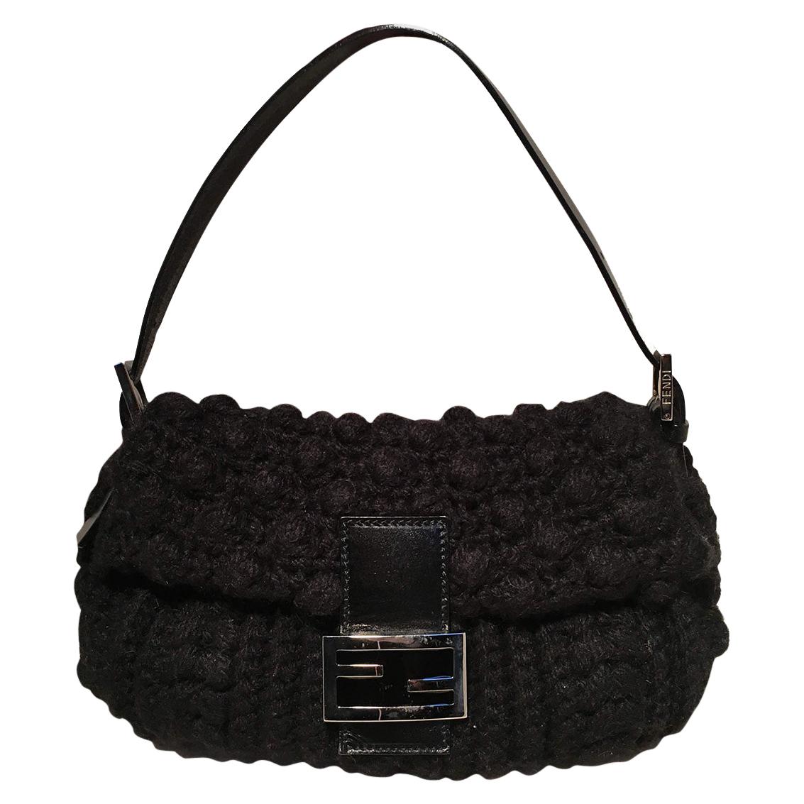 Fendi Black Knit Crochet Wool Classic Baguette Shoulder Bag