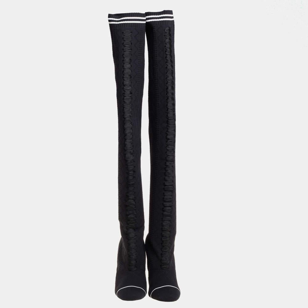 Women's Fendi Black Knit Fabric Over the Knee Boots Size 39