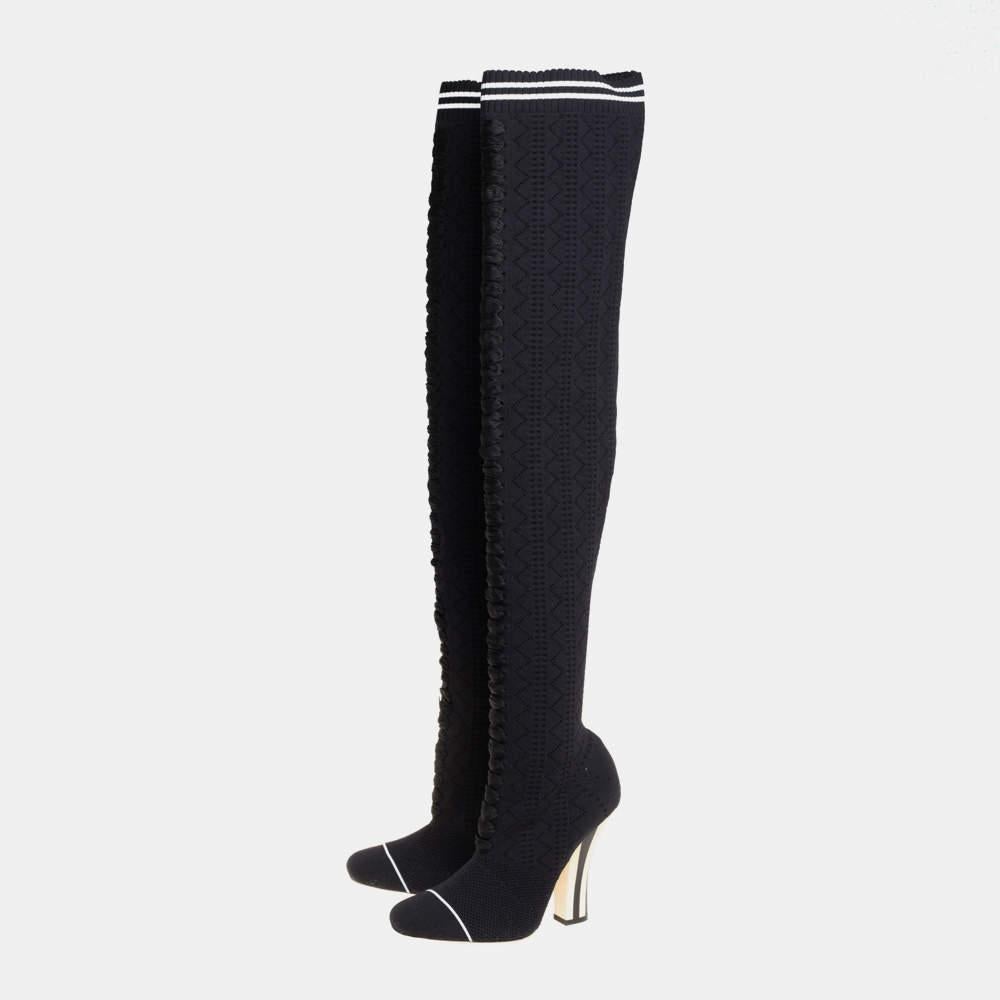 Fendi Black Knit Fabric Over the Knee Boots Size 39 For Sale 2