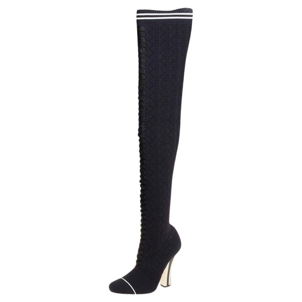 Fendi Black Knit Fabric Over the Knee Boots Size 39 For Sale