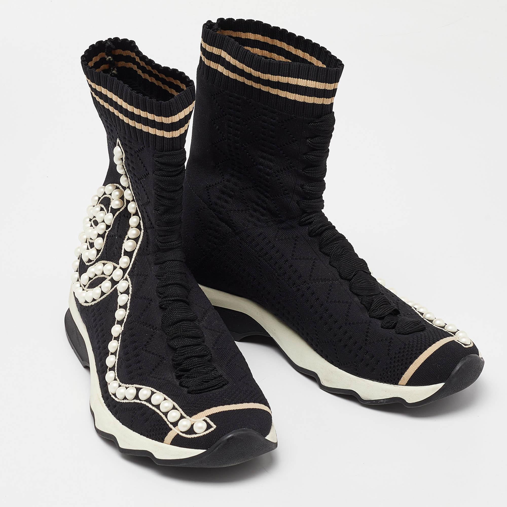 Women's Fendi Black Knit Fabric Pearl Embellished Slip On High Top Sneakers Size 37