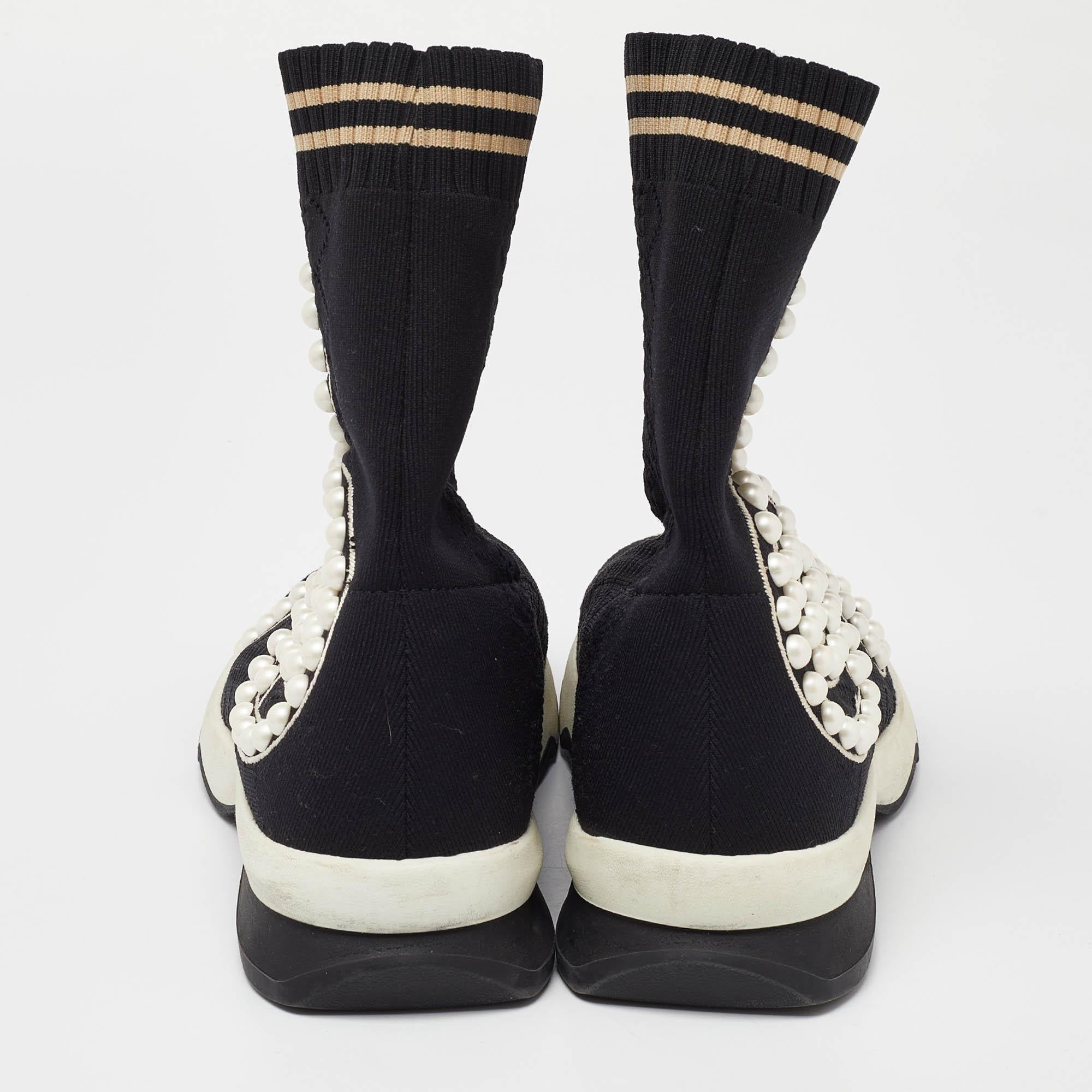 Fendi Black Knit Fabric Pearl Embellished Slip On High Top Sneakers Size 37 1
