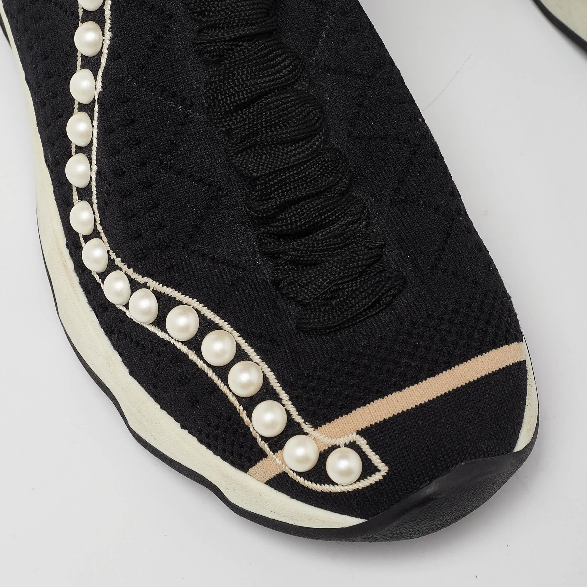 Fendi Black Knit Fabric Pearl Embellished Slip On High Top Sneakers Size 37 3