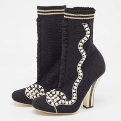 Fendi Black Knit Fabric Pearl Embellished Sock Ankle Boots Size 39