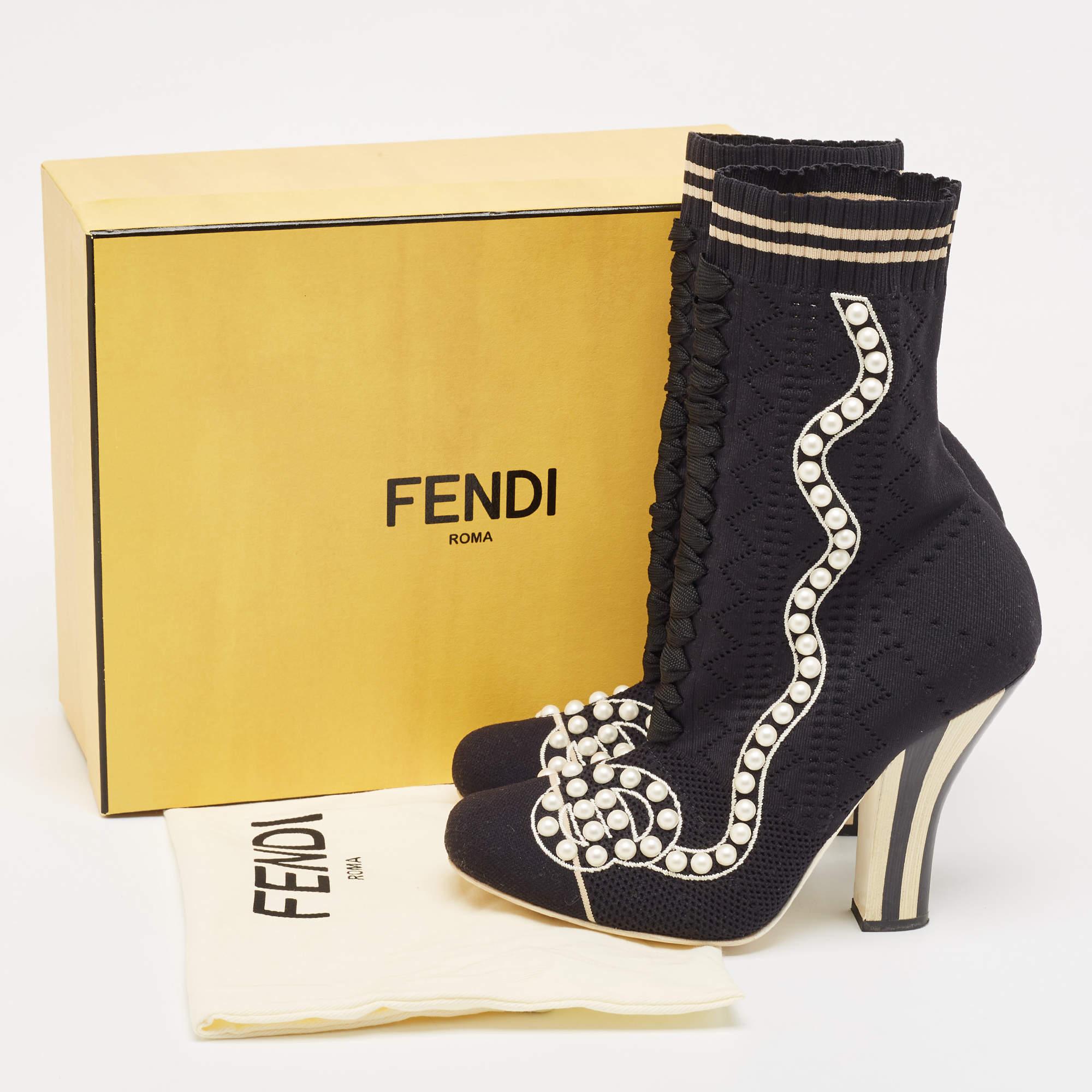 Fendi Black Knit Fabric Pearl Embellished Sock Ankle Boots Size 39 4