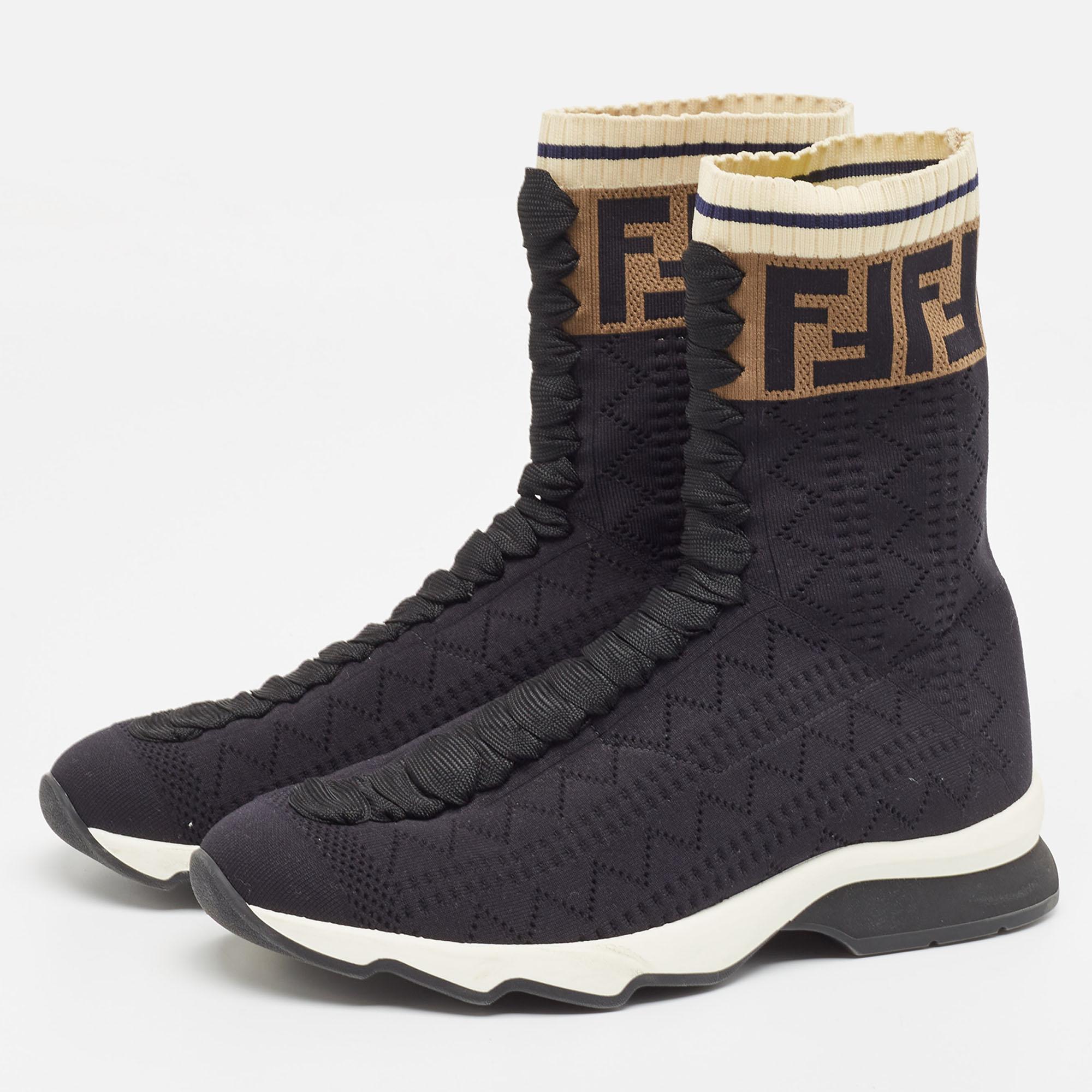 Fendi Black Knit Fabric Rockoko High Top Sneakers Size 38 In Good Condition For Sale In Dubai, Al Qouz 2