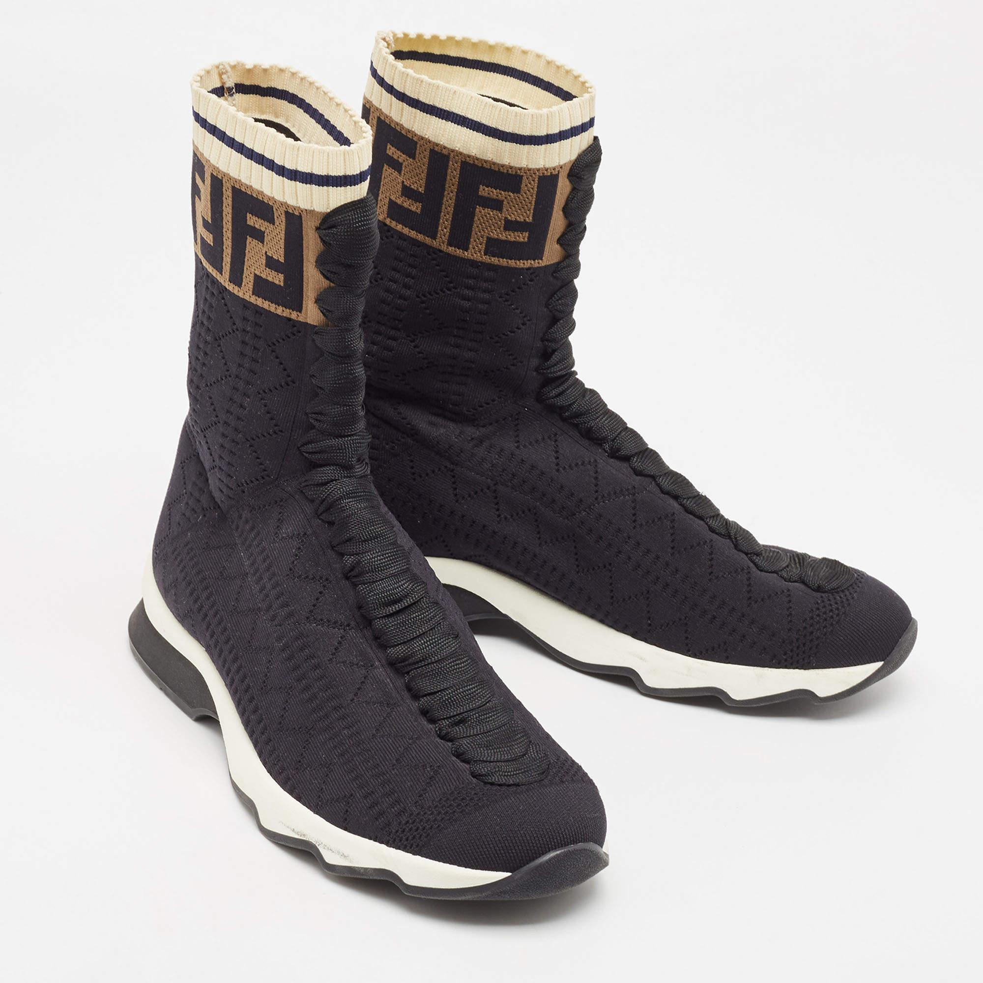 Fendi Black Knit Fabric Rockoko High Top Sneakers Size 38 In Good Condition In Dubai, Al Qouz 2