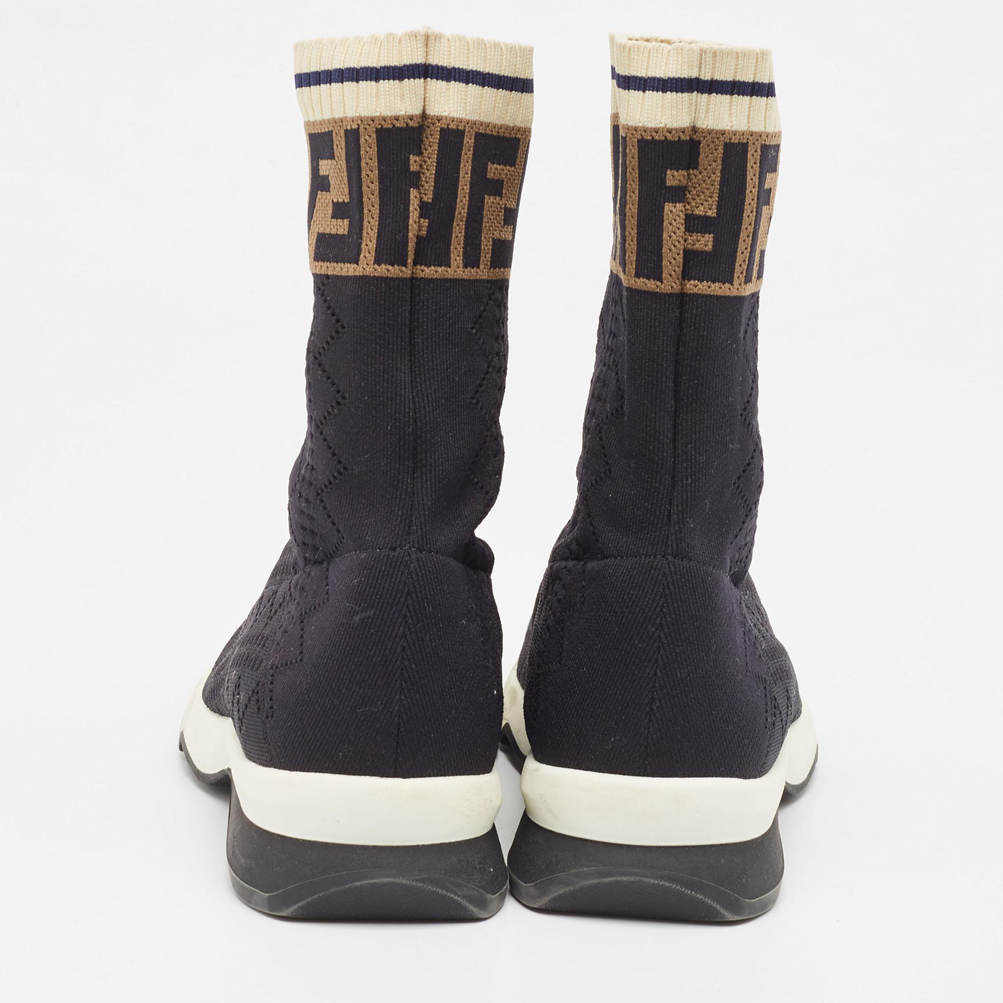 Fendi Black Knit Fabric Rockoko High Top Sneakers Size 38 For Sale 3