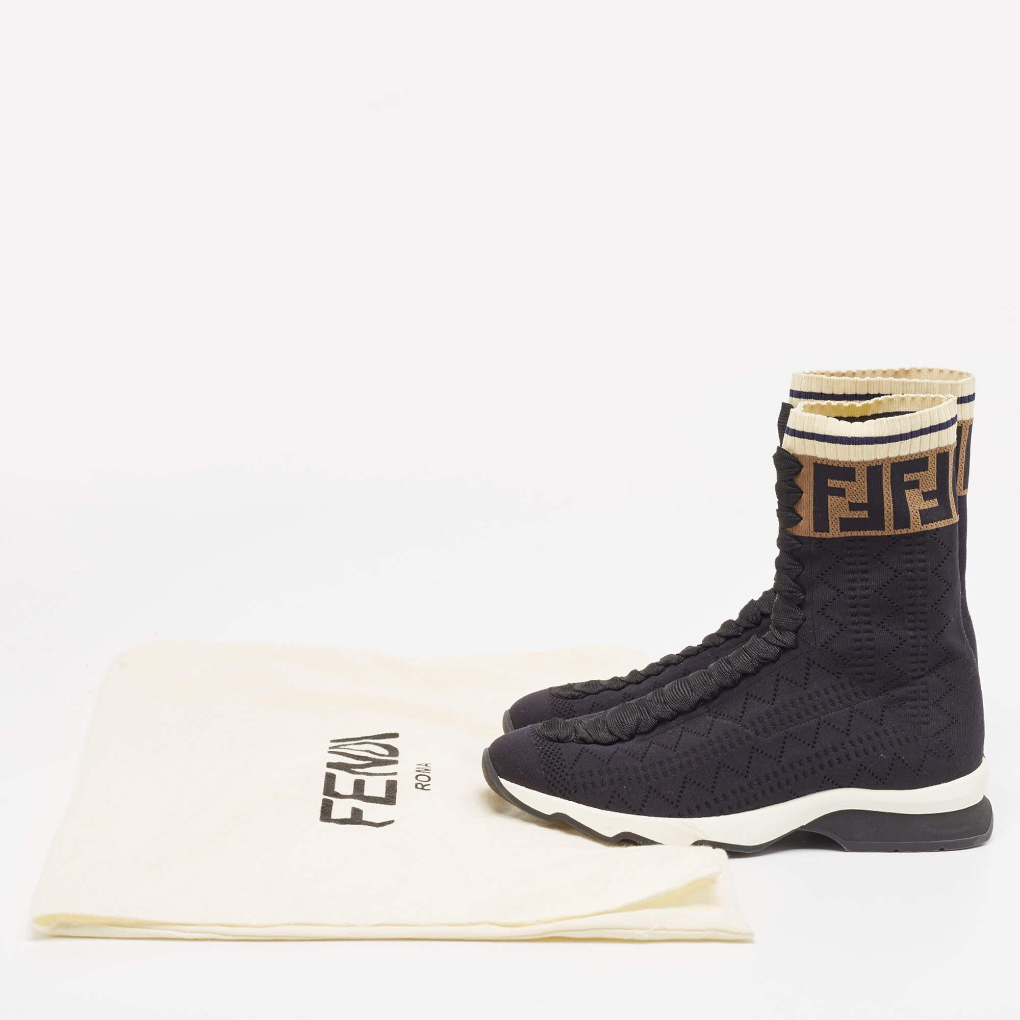 Fendi Black Knit Fabric Rockoko High Top Sneakers Size 38 5