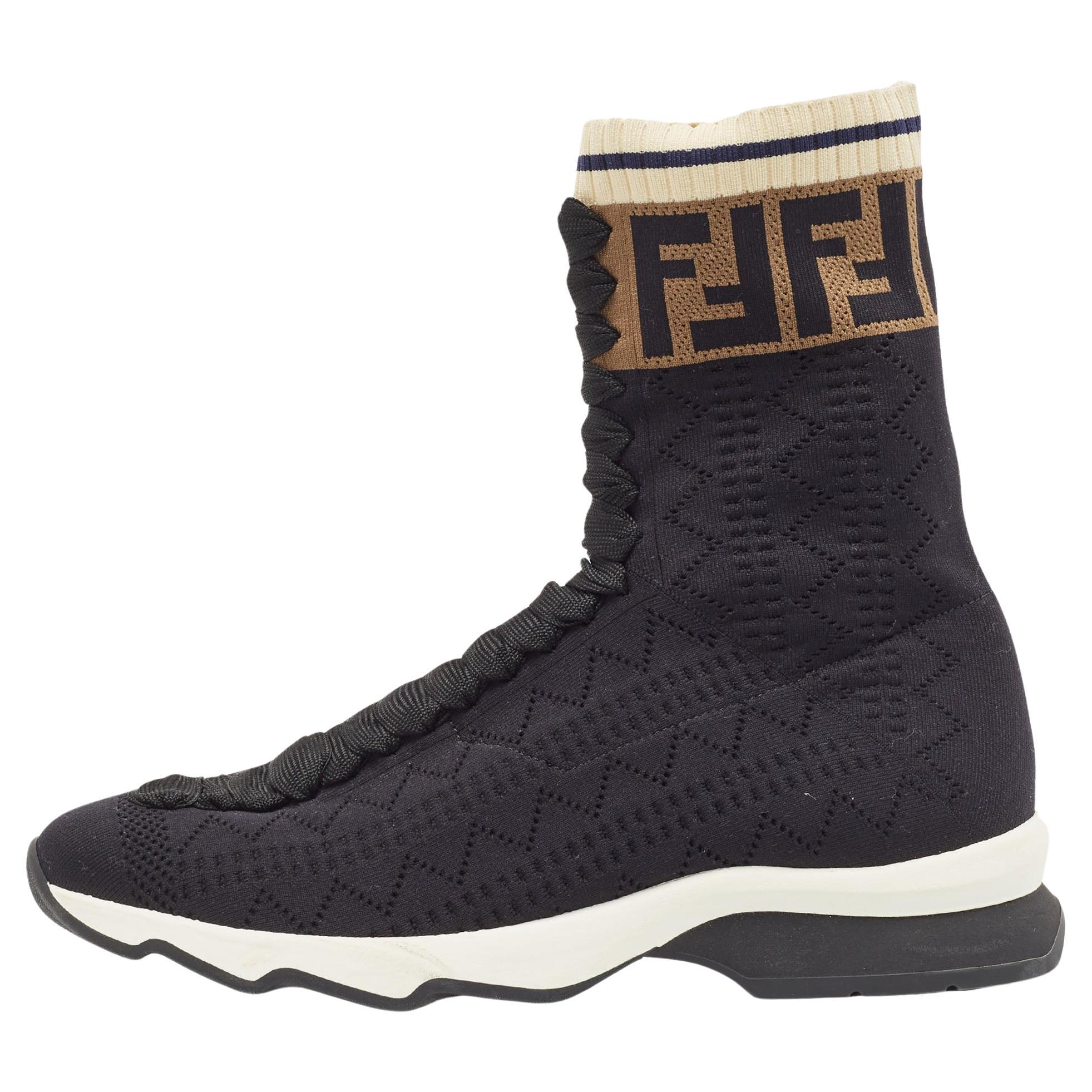 Fendi Black Knit Fabric Rockoko High Top Sneakers Size 38 For Sale