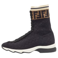 Used Fendi Black Knit Fabric Rockoko High Top Sneakers Size 38