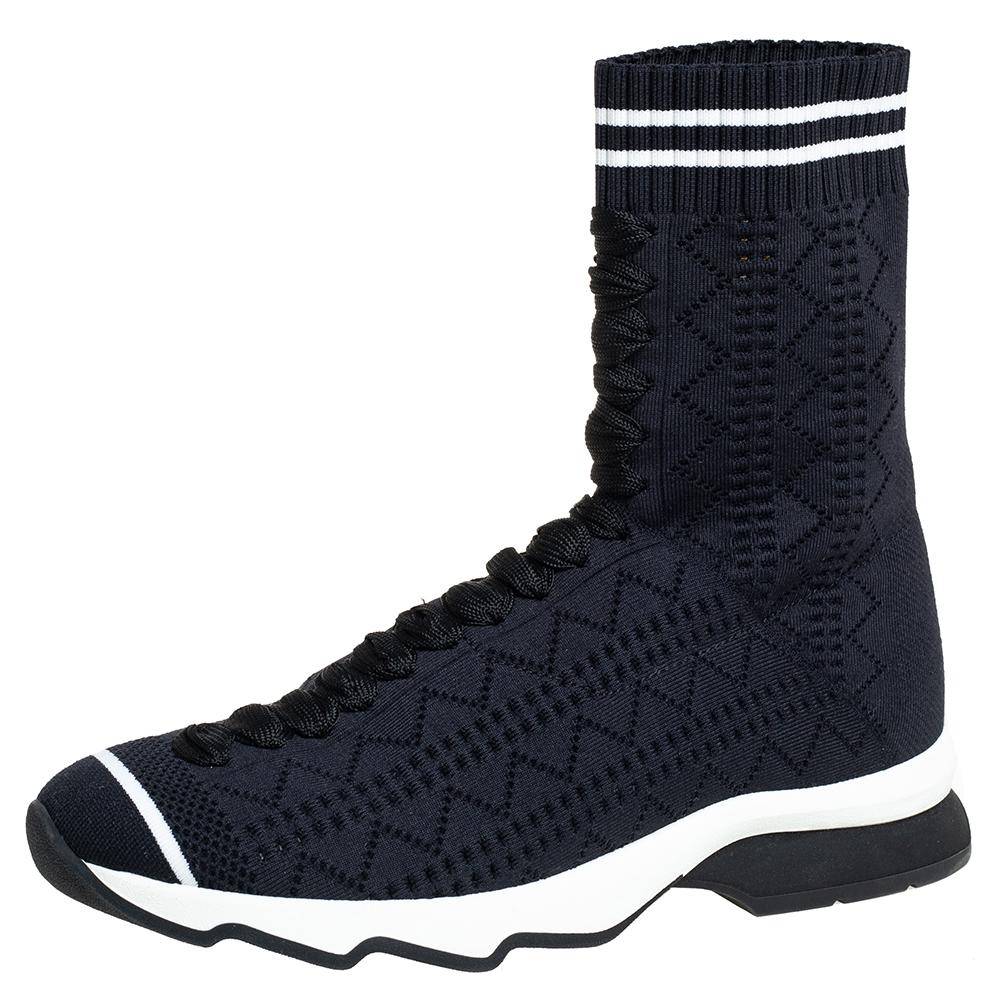 Designed in a sock-like silhouette, these high-top sneakers from Fendi are crafted from knit fabric and feature an easy slip-on style. Play casual and cool wearing this pair that comes with contrasting stripe details, comfortable insoles, and