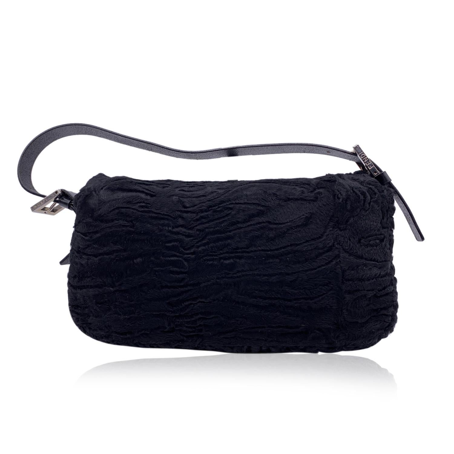 Women's Fendi Black Lamb Fur and Leather Baguette Shoulder Bag Handbag