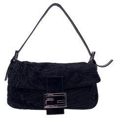 Fendi Black Lamb Fur and Leather Baguette Shoulder Bag Handbag