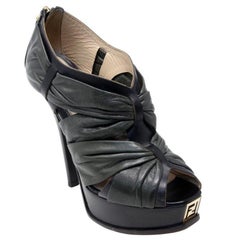Fendi Black Lambskin Leather Platform FF Logo Peep Toe Ankle Booties Pumps