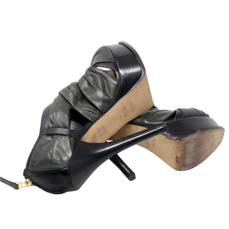 Women's Fendi Black Lambskin Leather Platform FF Logo Peep Toe Ankle Booties Pumps For Sale