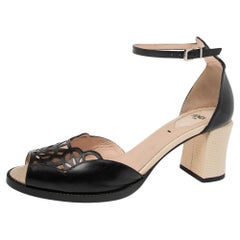 Fendi Black Laser Cut Leather Ankle-Wrap Chameleon Sandals Size 37.5