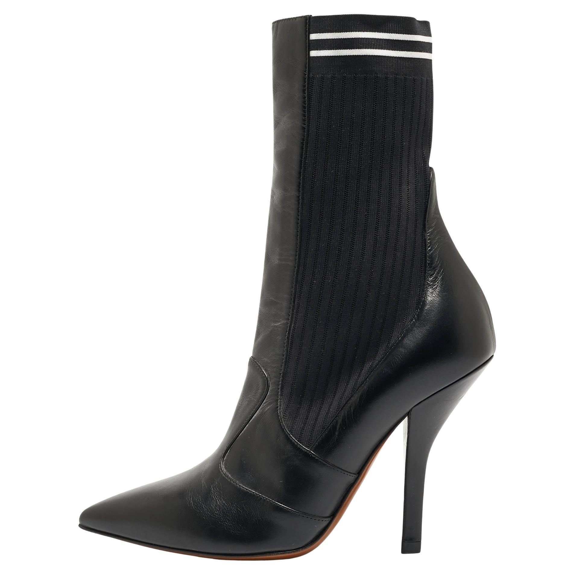 Fendi Black Leather and Fabric Ankle Boots Size 38 For Sale