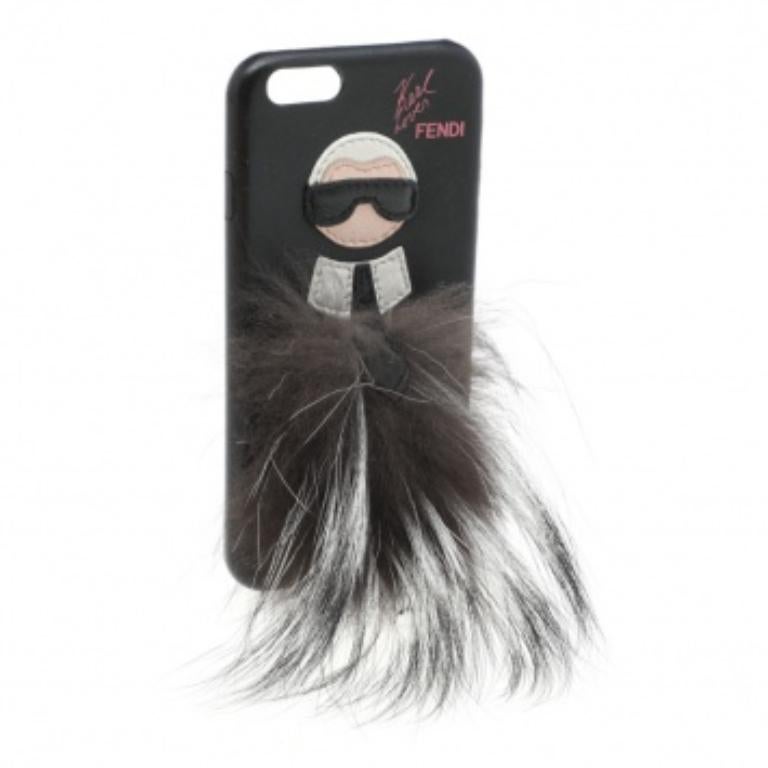 Étui pour iPhone 6 en cuir noir et fourrure de renard Karlito de Fendi en vente 1
