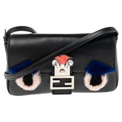 Fendi Black Leather and Fur Trim Micro Buggie Baguette Shoulder Bag