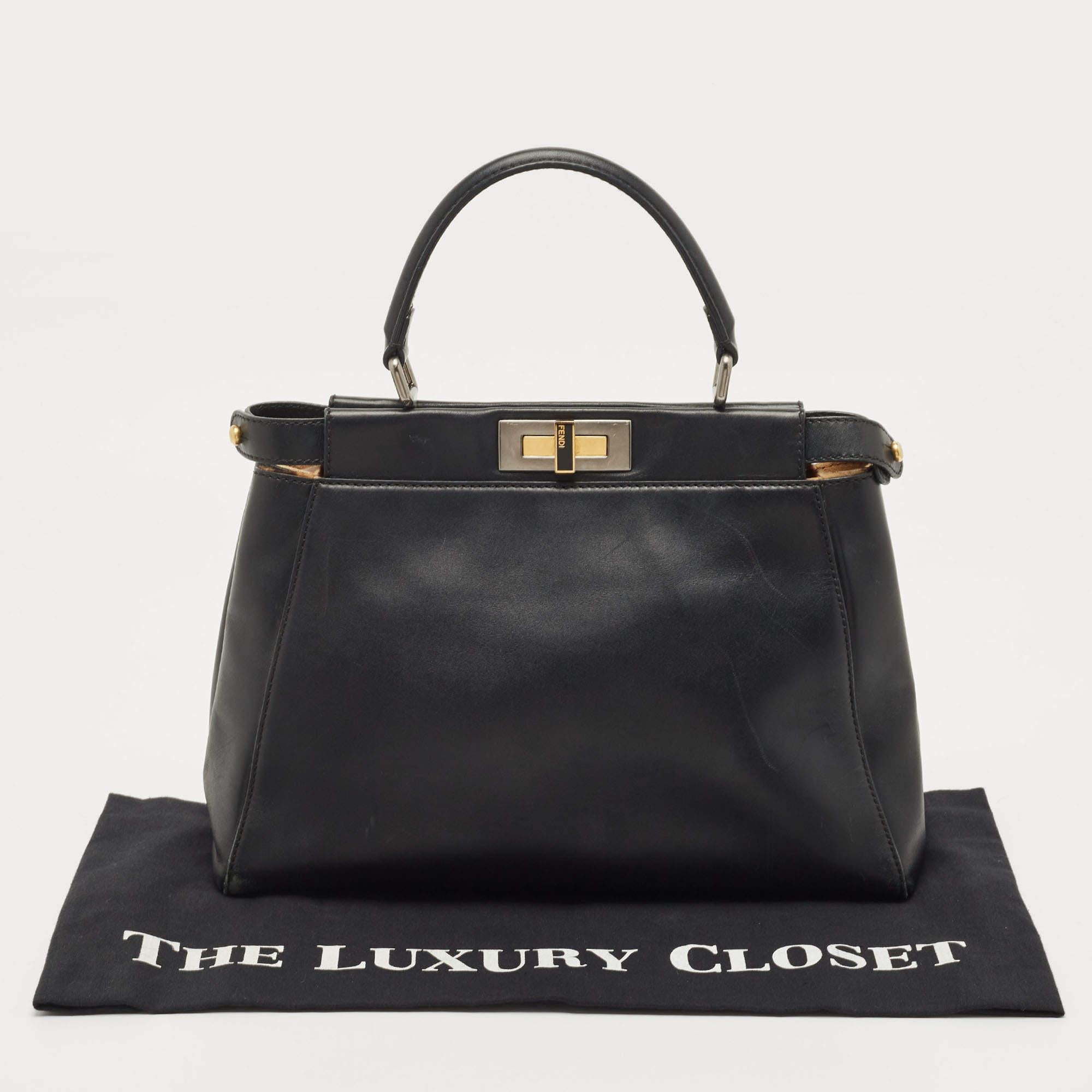 Fendi Black Leather and Leopard Print Calf Hair Interior Medium Peekaboo Top Han 7