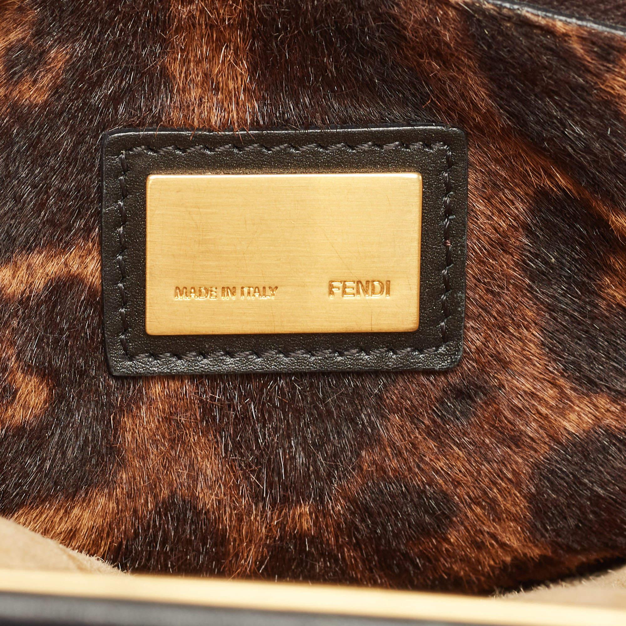 Fendi Black Leather and Leopard Print Calf Hair Interior Medium Peekaboo Top Han 2